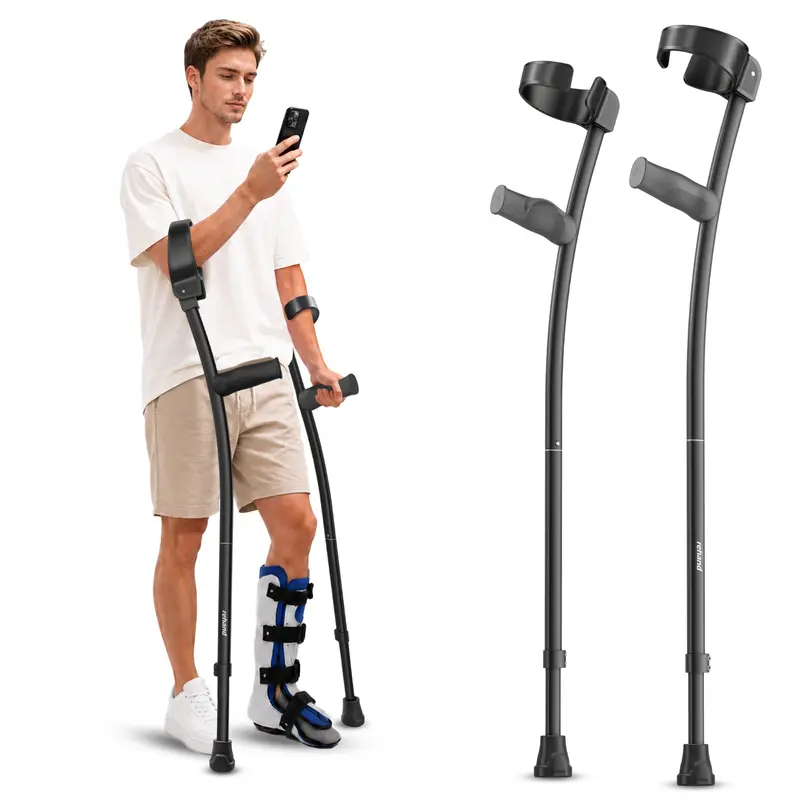 REHAND Ergonomic Forearm Crutches, Foldable and Height Adjustable Elbow Crutches with Magnetic Handles for Wall Support, Anti-Slip Base, Walking Aid for Adults