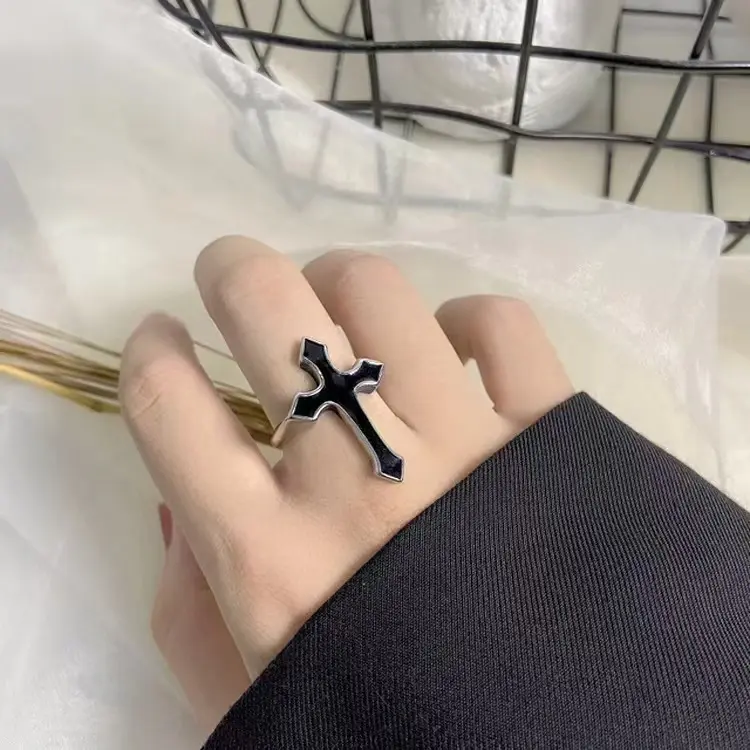 Men's Vintage Punk Open Cross Adjustable Black Enamel Ring - Unisex Hip-Hop Fashion Costume Jewelry Accessory