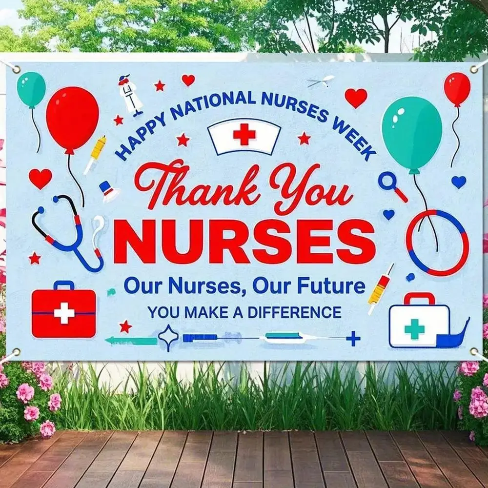 RIMBOL 1-Piece Polyester Standing Banner - 708x433in Light Blue Outdoor Banner Photo Backdrop with Medical Symbols (Stethoscope, Syringe, Nurse), Thank You Messages for National Nurses Week, Hospitals, Birthday, Outdoor Banners