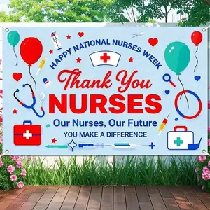 RIMBOL 1-Piece Polyester Standing Banner - 708x433in Light Blue Outdoor Banners Photo Backdrops with Medical Symbols (Stethoscope, Syringe, Nurse) & Thank You Messages for National Nurses Week, Hospitals