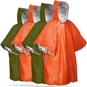 Emergency rain poncho  retains 90 body heat reusable weather resistant raincoat for men women adults camping hiking emergency supplies survival kits green orange