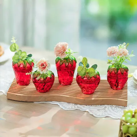 Handcrafted Glass Strawberry Vases (5-Piece Set) - Artistic Design Vases for Plants, Flowers, Shelves, Whimsical Home Decor, Room Decor, Apartment Accessories, Unique Housewarming Gift