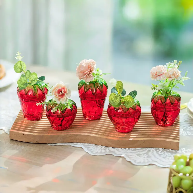 Handcrafted Glass Strawberry Vases (5-Piece Set) - Artistic Design Vases for Plants, Flowers, Shelves, Whimsical Home Decor, Room Decor, Apartment Accessories, Unique Housewarming Gift