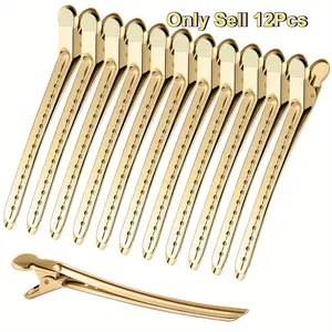 12Pcs Golden Professional Stainless Steel Duckbill Sectioning Hair Clips, Salon-Grade Non-Slip Prong Barrettes for Damage-Free Secure Grip, Ideal for Styling, Cutting & Coloring, Suitable for All Hair Types, Men and Women Salon & Home Daily Use