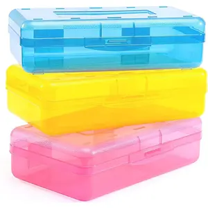 3 Pack Large Hard Plastic Pencil Case with Snap Lid-Clear Crayon Box, Marker Pen Organizer, Stackable Art Craft Storage Container, Colorful - Back to School Supplies