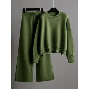 Quality Autumn and Winter Fashion Casual Knitted Suit Pants Women's Loose Sweater Wide Leg Pants Two Piece Set Clothes Sleeve Bottom