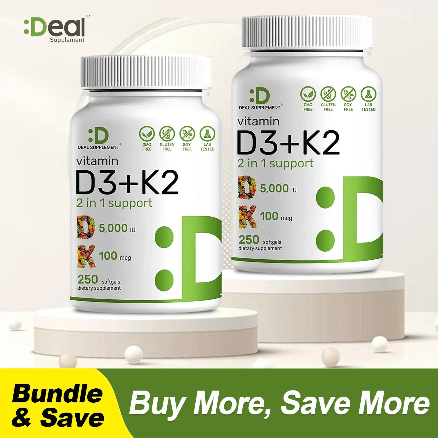 Deal Supplement Vitamin D3+K2 | Immune Support | Bone Health | 250 Veggie Softgels Healthcare Dietary