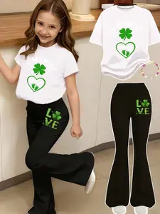 Saint Patrick's Day Print Girls' Casual Sports Set, Short Sleeve Top and Bell Bottom Pants, Comfortable Elastic Waist, Spring Summer