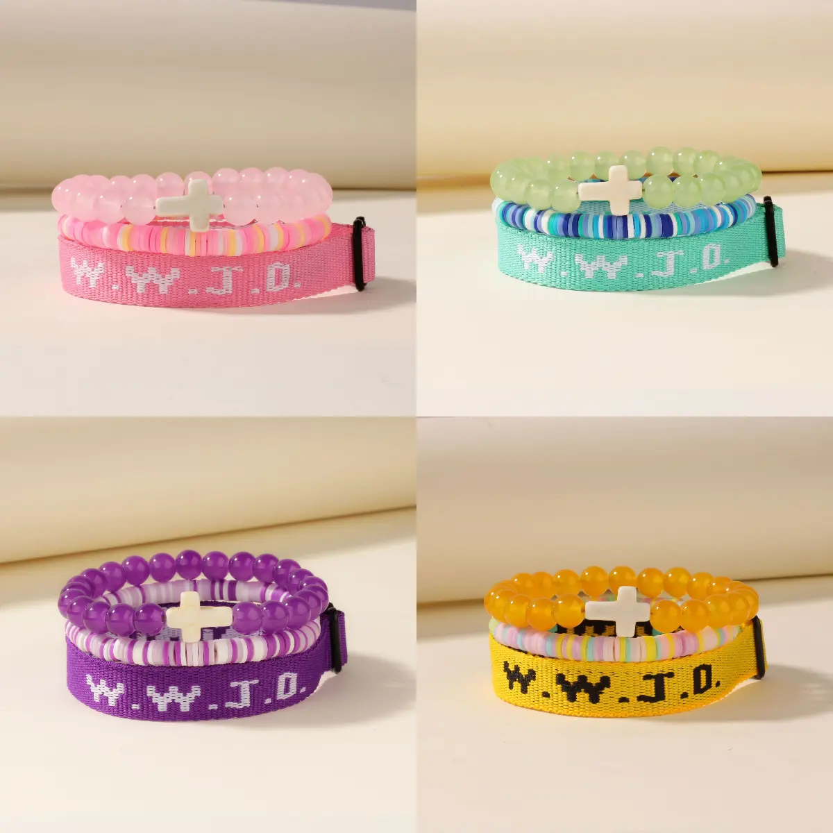 3Pcs/Set WWJD Bracelet Stack Pack, Beaded Stretch Bracelet With White Cross Charm & Jacquard WWJD Fabric Wristband, Wrist Jewelry for Women Teens Church Daily Wear
