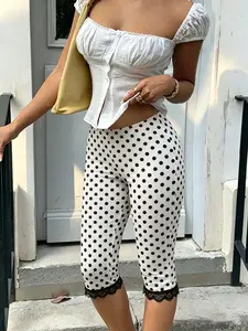 Women's Vintage Polka Dot Capri Leggings, High Waist Slim Fit, Stretchy Knee Length Pants, Casual Y2K Retro Print, Soft Breathable Streetwear, High Waisted Leggings
