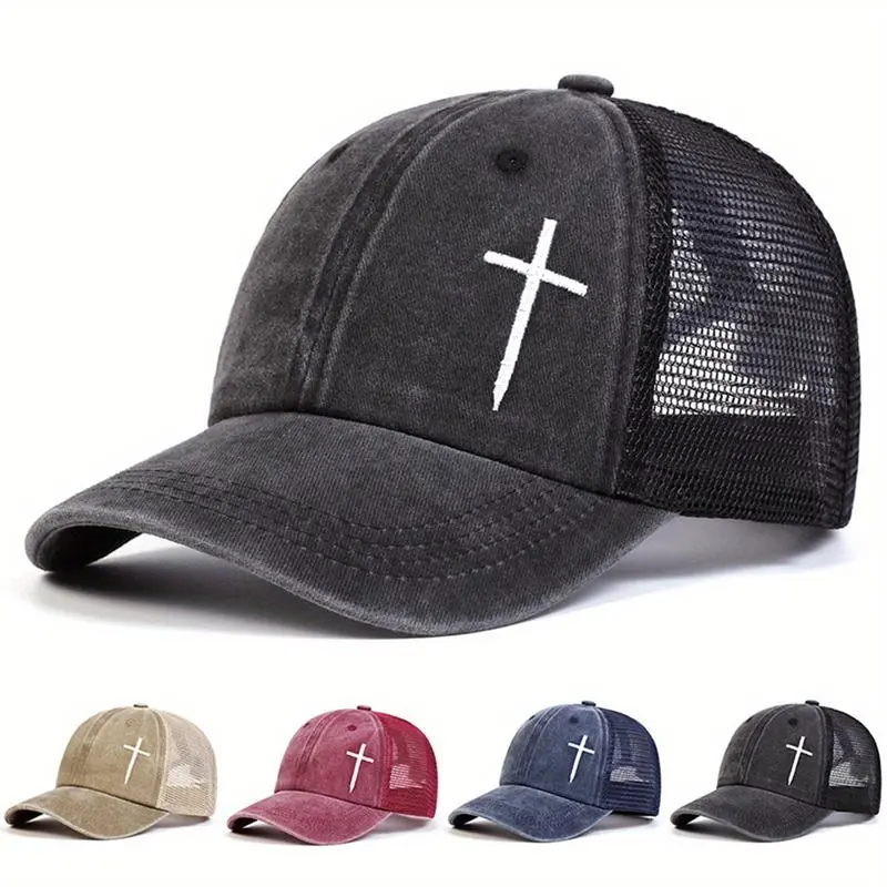 Embroidered Cross Baseball Cap, Unisex Cotton Snapback Hat with Breathable Mesh for Outdoor Sun Protection, Breathable Mesh Caps