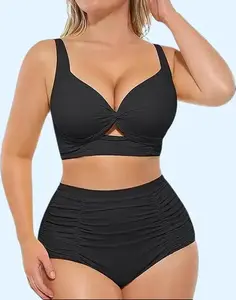 HighWaist Swimwear Sculpting Two-Piece Bikinis Set with Bust-Defining Crisscross Top & High-Waisted Brief for Flattering Silhouette Swim Bodysuit Set