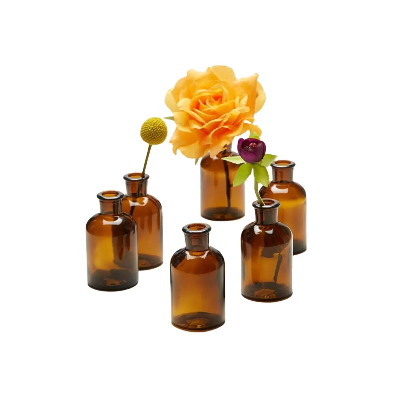 Dark Amber Medicine Bottle Bud Vase, 2.5"D x 4"T