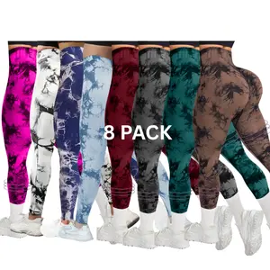 8 Pack Tie Dye Print High Waisted Workout Women Leggings Scrunch Rear Lifting High Waist Tummy Control Yoga Athletic Pants Gym Sports Tight Gym Outfits.