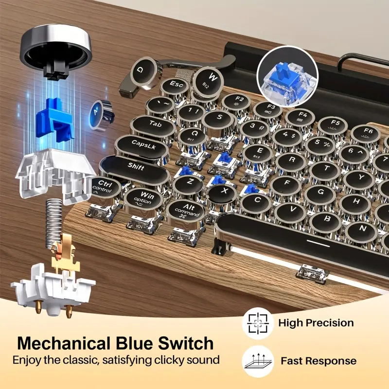 Vintage Wireless Bluetooth Mechanical Gaming Keyboard 83-Key Blue Switch Typewriter Design LED Backlight for PC Laptop Office Work