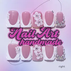 Delicatething Y2K Style Nail Set, Handmade Press On French Design with Diamonds & 3D Flowers, Includes Jelly Glue, Crystal Stick & File, French Nail Art, Handmade Nails