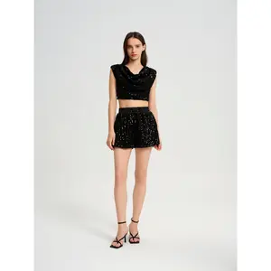 BlisSecret Black Cowl Neck Cropped Top With Pleated Padded Shoulder & Shorts
