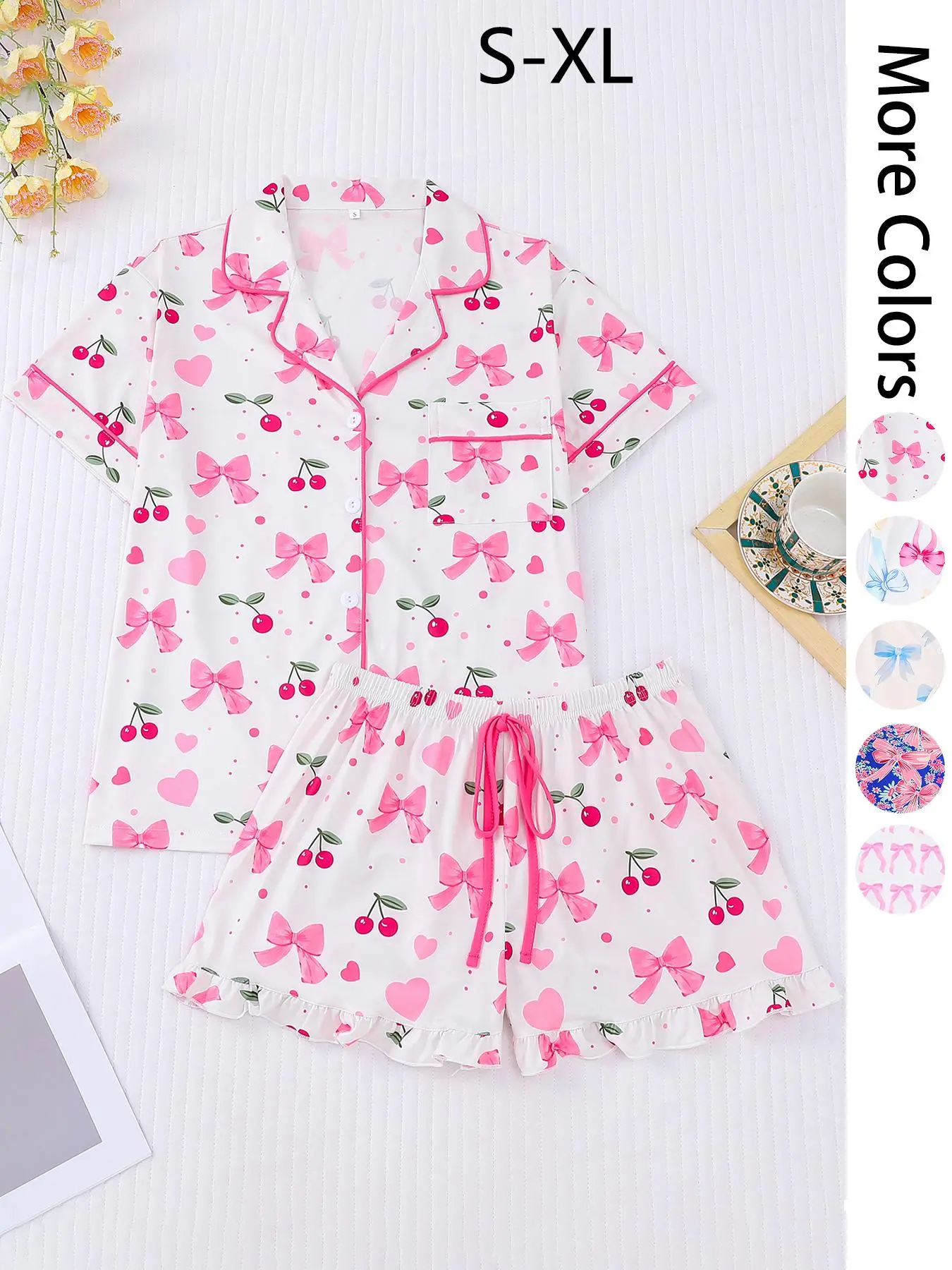 Women's Cherry Print Lapel Shirt & Shorts Pajama Two-piece Set, Casual Comfy Cute Short Sleeve Pocket Button Front Top & Shorts PJ Set, Ladies Summer Sleepwear, Nightwear Sleepwear Homewear, Nightwear Pajamas, Loungewear, Womenswear, Pyjamas