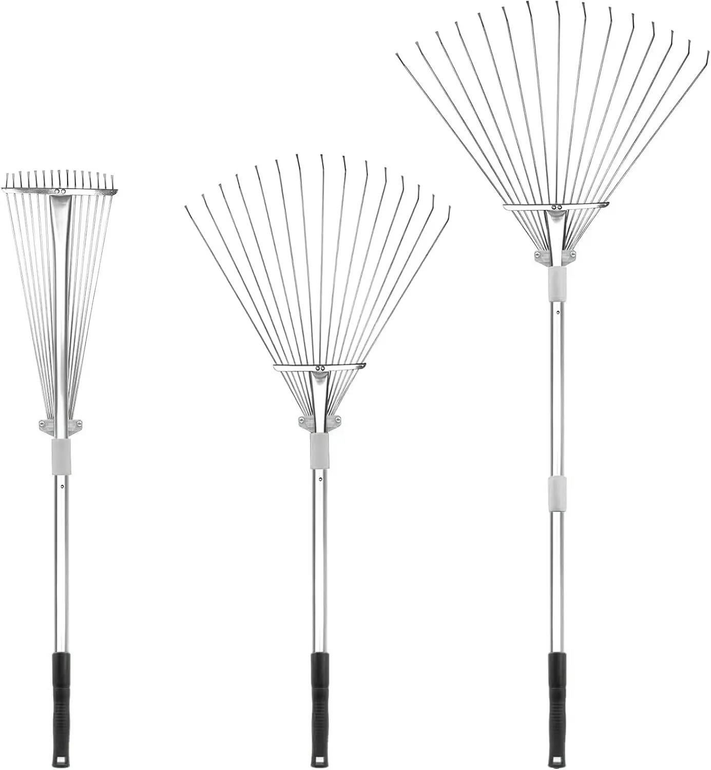 LAANPOLE Adjustable Garden Leaf Rake - 24 to 63 Inch Telescopic Metal Expandable Folding Leaves Rake, Metal Rakes for Leaves, Yard Rakes for Lawn Yard, Flowers Beds, Sliver