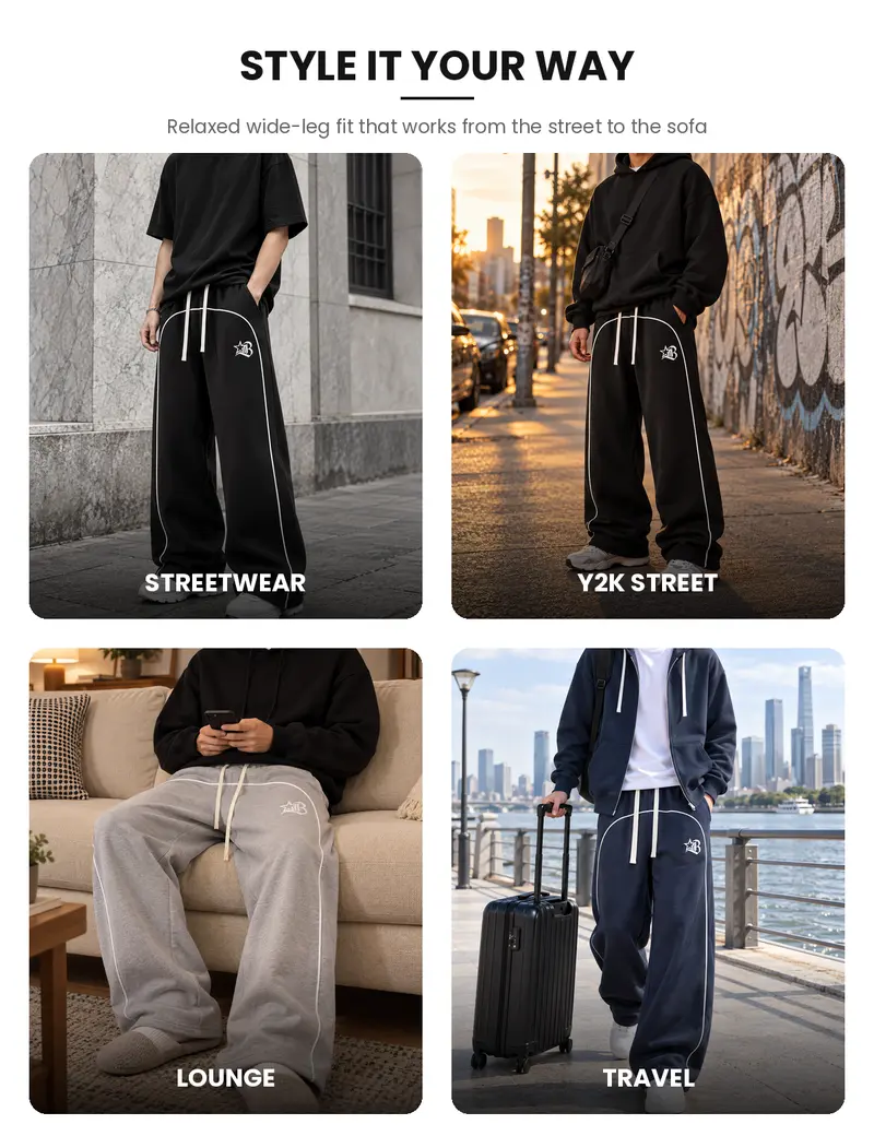 Men’s two-pack loose-fit fleece sweatpants, wide-leg design, for fitness, running, and everyday commuting, side stripes, available in 9 colors, all sizes