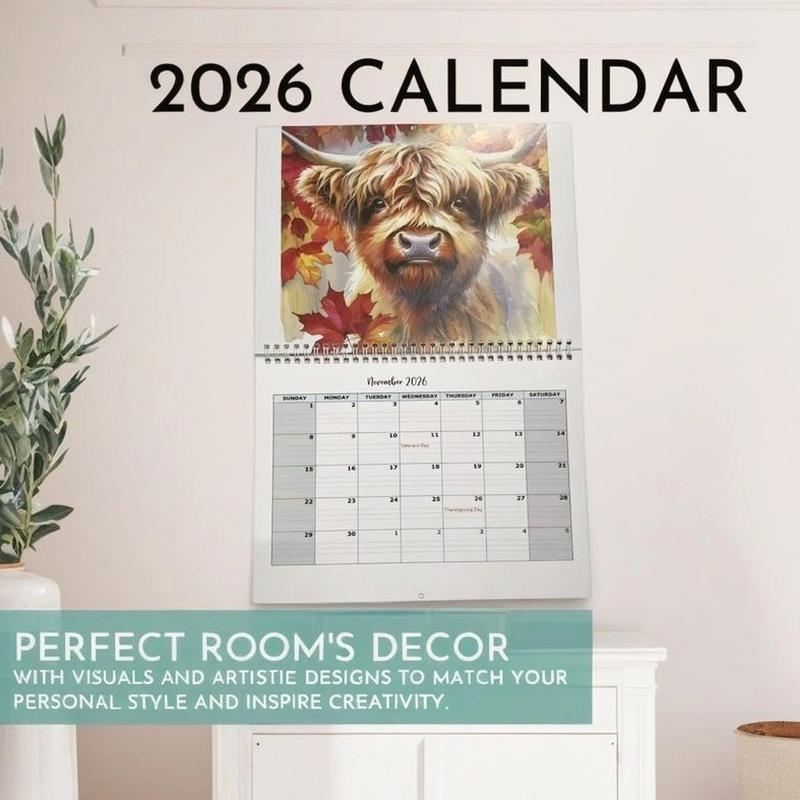 Scottish Highland Cow 2026 Wall Calendar, 12-Month Planner with Monthly Pages, Perfect Gift for Animal Lovers & Home Decor Enthusiasts, Office Stationery Supplies