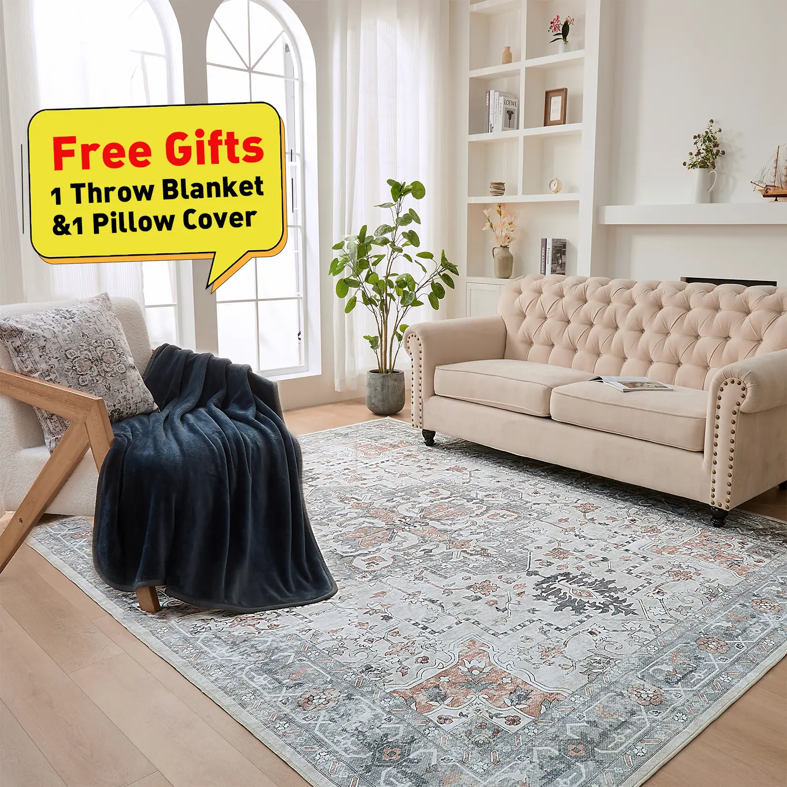 OBOEY Non Slip Area Rugs, Machine Washable Rug with 1 Throw Blanket & 1 Pillow Cover, Rugs for Living Room & Bedroom, Farmhouse, Apartment Decor, Affo