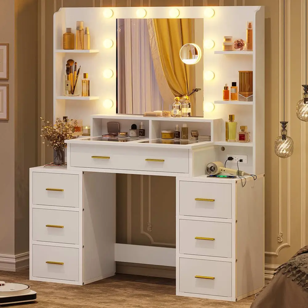 Sikaic Makeup Vanity with Mirror and Lights, 10x Magnifying Mirror & Power Outlets, Glass Top Vanity Desk Furniture Table