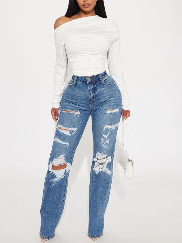 Posted Stretch Ripped Straight Leg Jeans - Medium Wash