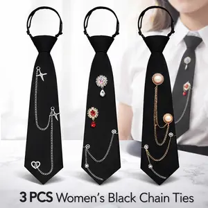 3 Pack Black Pre-Tied Neckties for Women – 2.76” Wide, Metal Chain Detail, School Uniform Girl Tie, Shirt Accessory – Easy Clip-On Style