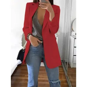 Stylish Blue Open Front Blazer for Women - Slim Fit, Long Sleeve, Casual Office & Work Jacket with Pockets Fabric Suits Red Womenswear Comfort Fitted Basic Minimalist