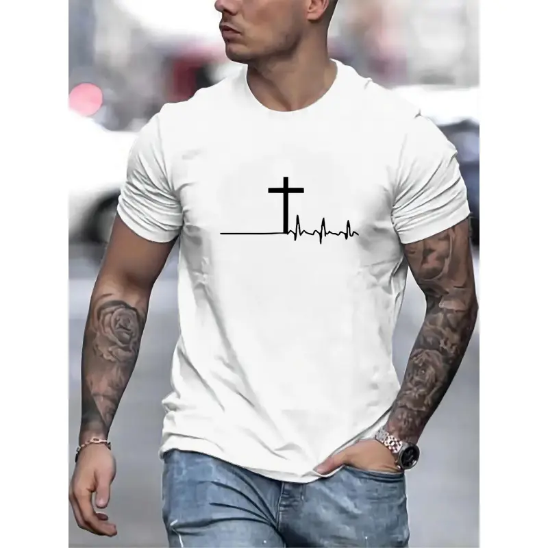 Men's 100% Cotton Round Neck Cross Heartbeat Graphic Tee - Natural, Domestic, Breathable Ultra-Soft Classic Fit Sports Top for Gym/Casual Faith Wear, Thermal Streetwear, Inclusive Sizes, XXL, Cargo-Inspired Design