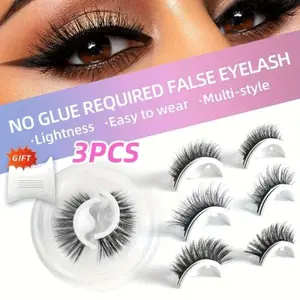 3 Pairs Self-Adhesive False Eyelashes No Glue Needed Natural Wispy Voluminous 3D Curly Faux Mink Reusable Cluster Lashes For Day Party Adults Makeup Cosmetic, cat lashes, Perfect Holiday Gift, Christmas Gift