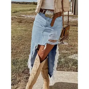 Elegant high waist light blue cowboy middle skirt, with thigh stitches - stylish street style, suitable for vacation, wearable, bud hair color, women's raymont / polyester mixed color, with retro casual fashion women's clothing, suitable for online, with