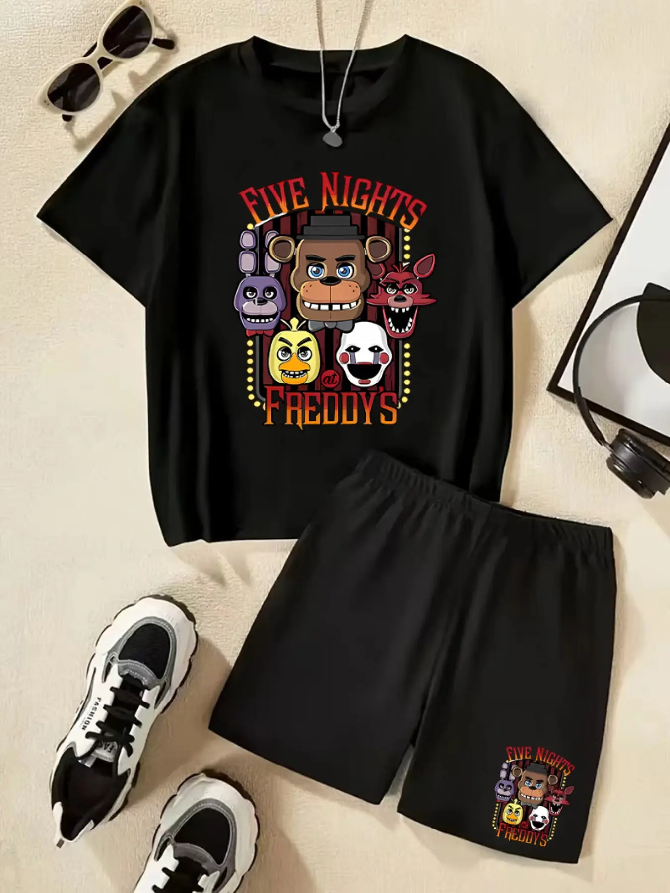 Fnaf Five Nights At Freddy's Cartoon Animation Related Printed Children's Short-Sleeved Set - Summer Clothing Set Casual Comfortable Fashionable Daily Outdoor Versatile T-Shirt Shorts Set, Ideal Gift Choice