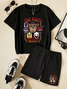 Fnaf Five Nights At Freddy's Cartoon Animation Related Printed Children's Short-Sleeved Set - Summer Casual Comfortable Fashionable Daily Outdoor Versatile T-Shirt Shorts Set, Ideal Gift Choice