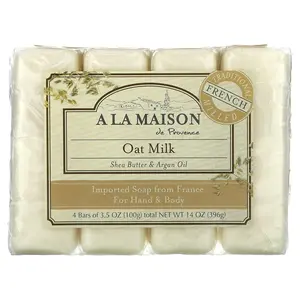 A La Maison de Provence Hand & Body Bar Soap, Oat Milk, 4 Bars, 3.5 oz (100 g) Each