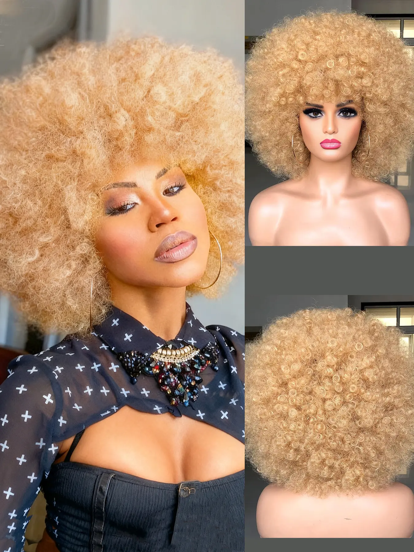 Short Afro Wig with Bangs for Black Women Afro Kinky Curly 