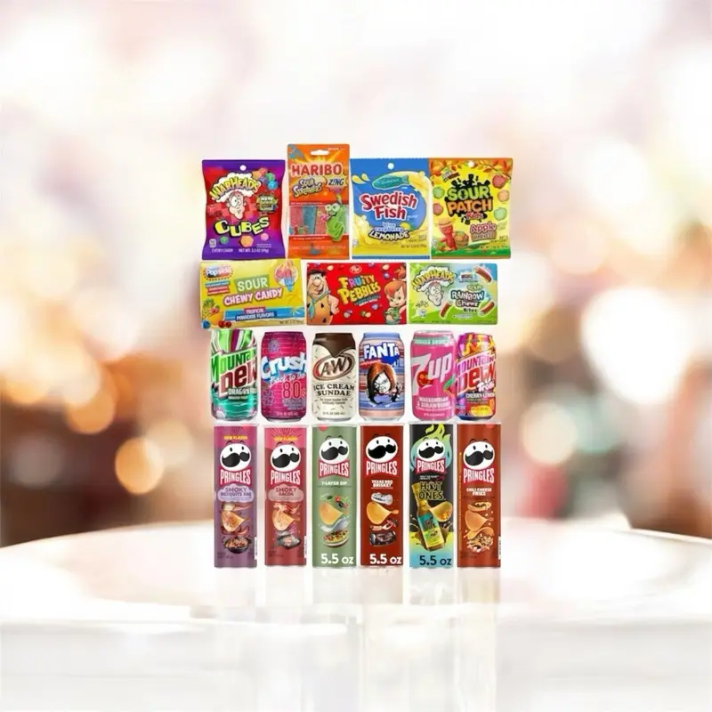 All American Assorted Bundle Box- 2 Pringles, 2 Candies, & 2 Soda Variety Box All American Assorted Bundle Box- 2 Pringles, 2 Candies, & 2 Soda Variety Box