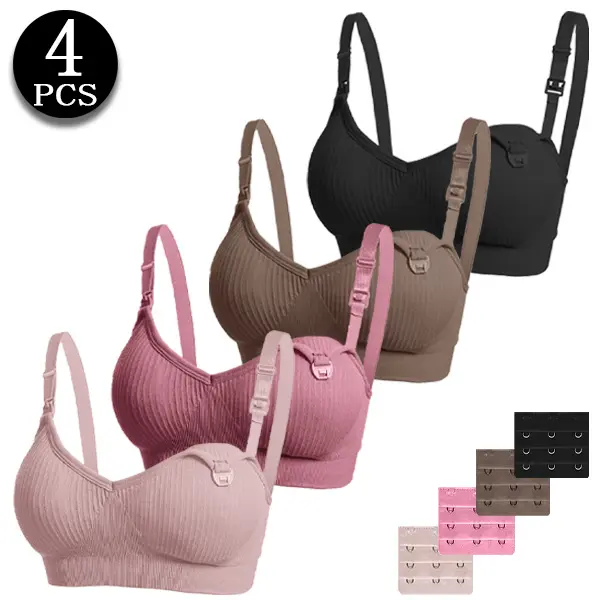 4 PCS Ribbed Nursing Bras for Breastfeeding, Maternity Wireless Bras with One-Handed Clasp & Adjustable Back Hooks, Postpartum Daily Wear Essentials, Pregnancy Maternity Bra