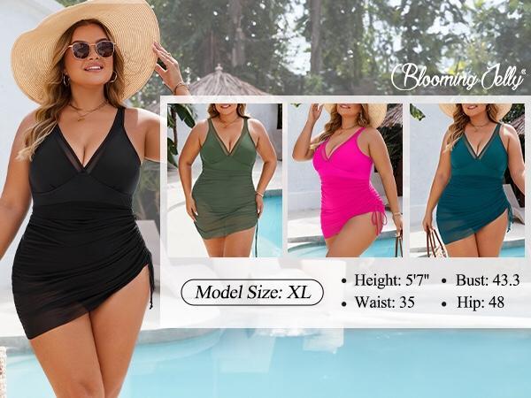 Women's One Piece Swimdress Full Coverage Tummy Control Slimming Bathing Suit Mesh Sheer Sarong Wraps Flattering Women Summer Swimsuit V Neck Swimsuit