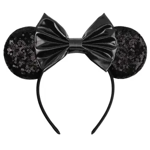 Mouse Ears Headband - Velvet Hair Bow Headwear with Sparkle Sequins for Women, Girls & Boys (Black Bow)