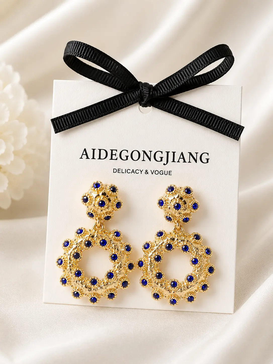 Royal Blue Crystal Statement Drop Earrings | Vintage Gold-Tone Filigree Earrings