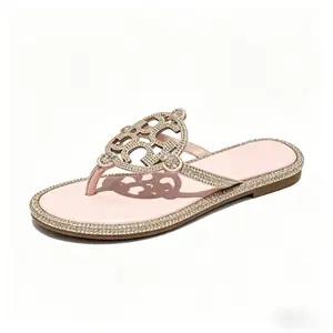 2026 New Blush Pink Rhinestone Flat Thong Sandals, Sparkly Crystal Trim & Ornate Cutout for Casual & Evening Wear