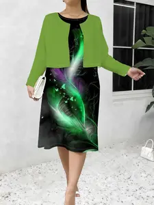 Plus Size Dress + Cardigan Set, Trendy Feather All over Print, Casual Breathable Comfort, Spring & Fall Fashion, Daily Wear