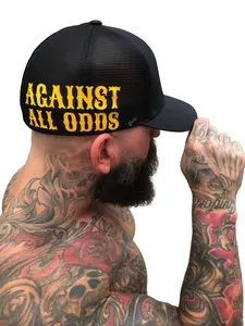 TheDriveClothing All Odds Side Style Flexfit Hat – Black Fitted Cap with Yellow Print, Structured Mid Profile Stretch Fit Hat, Mesh Back Performance Headwear