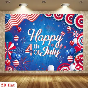 A 2D Flat Banner Featuring a Lively Design with Red, White, And Blue Fireworks, Stars, And Balloons for The 4Th of July. This Polyester Backdrop Is Perfect for Decorating Parties in Farms, Gardens, Homes, Rooms