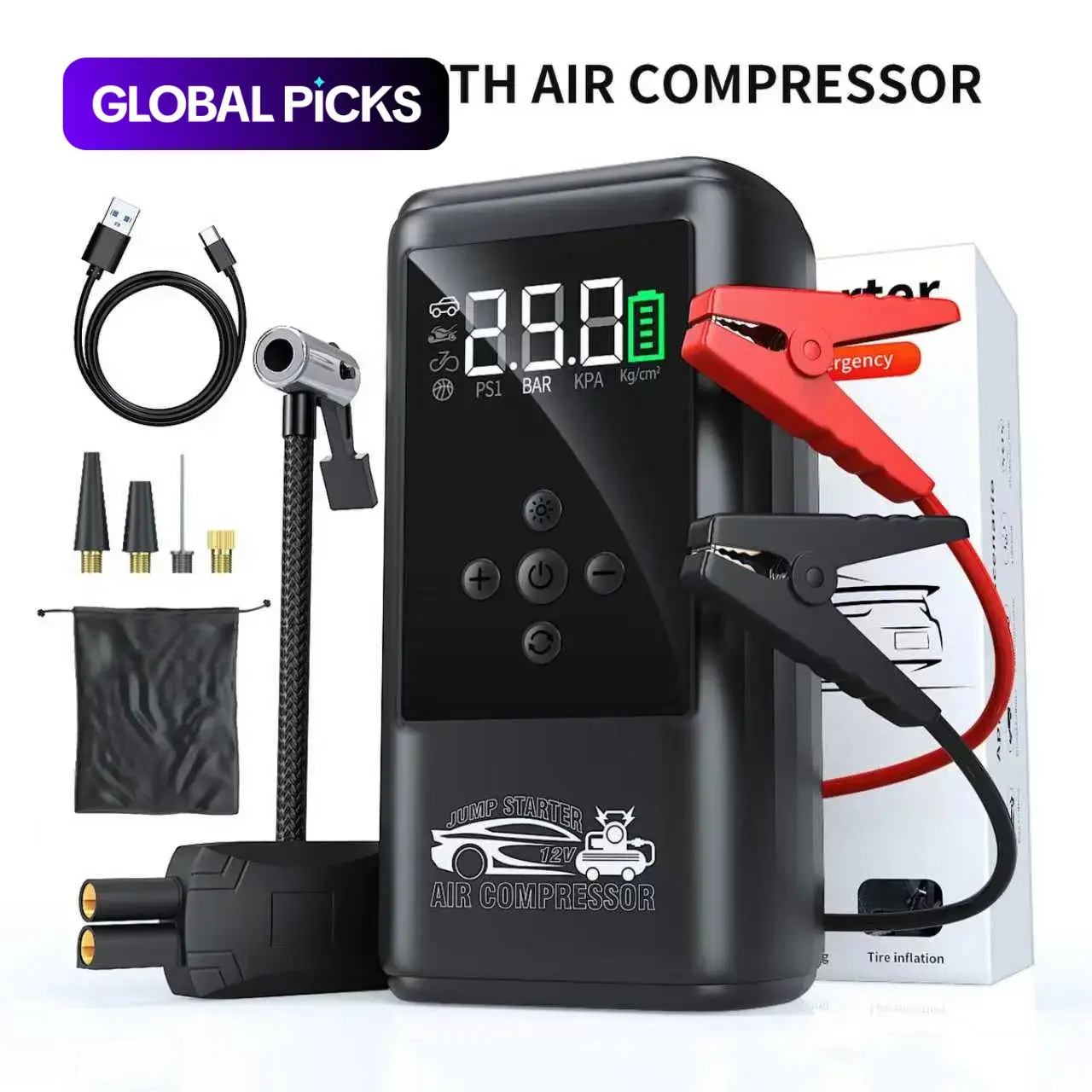 Car Battery Booster Pump with Tire Inflator, 5000A Car Battery Jump Starter (for up to 10L Gasoline or 8L Diesel Engines), 12V LCD Display, Fast Charging, Automotive Tool Kit #GLOBAL PICKS