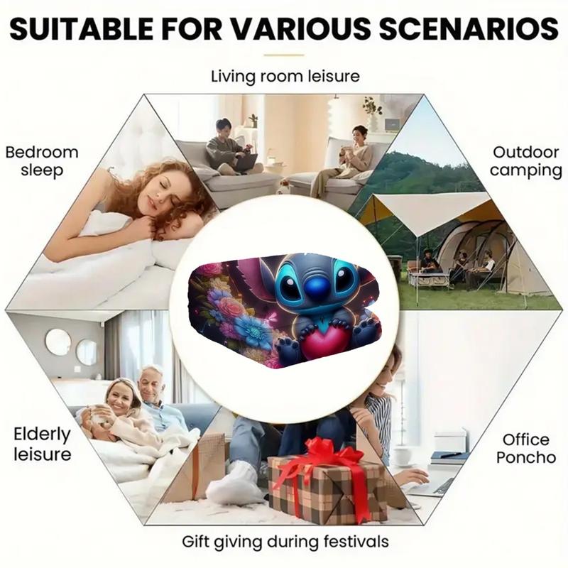 Dreamy Neon Stitch Heart Bouquet Flannel Blanket, Dark Base, Neon Light Effect, Blue Rose Hearts, Butterfly Decor, Holiday Gift