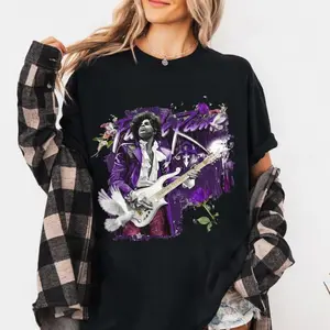 Prince Purple Rain Print T-Shirt, vibrant retro music tribute graphic on soft cotton. Unisex streetwear tee, stylish gift for music lovers.