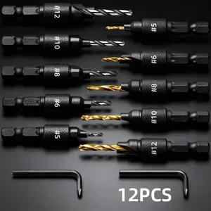 12pcs Woodworking Countersink Set with 2 L-Shaped Wrenches, Hex Shank High-Speed Steel Drill Bits, DIY Projects, Sizes #5-12, Power Tools